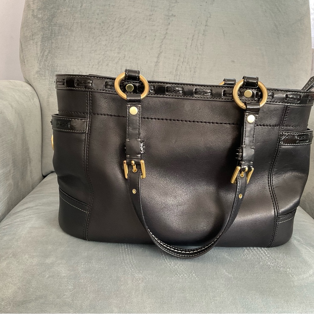Vintage Coach black leather and gold trim handbag